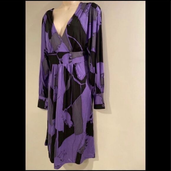 TIBI SILK V-NECK BOLD PRINT PURPLE BLACK DRESS M - Picture 3 of 14